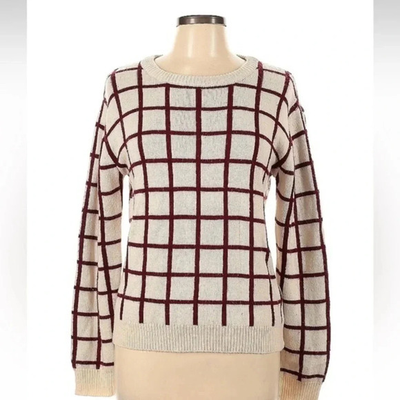 W118 by Walter Baker Windowpane Plaid Beige Burgundy Sweater Size Large L - Picture 1 of 8
